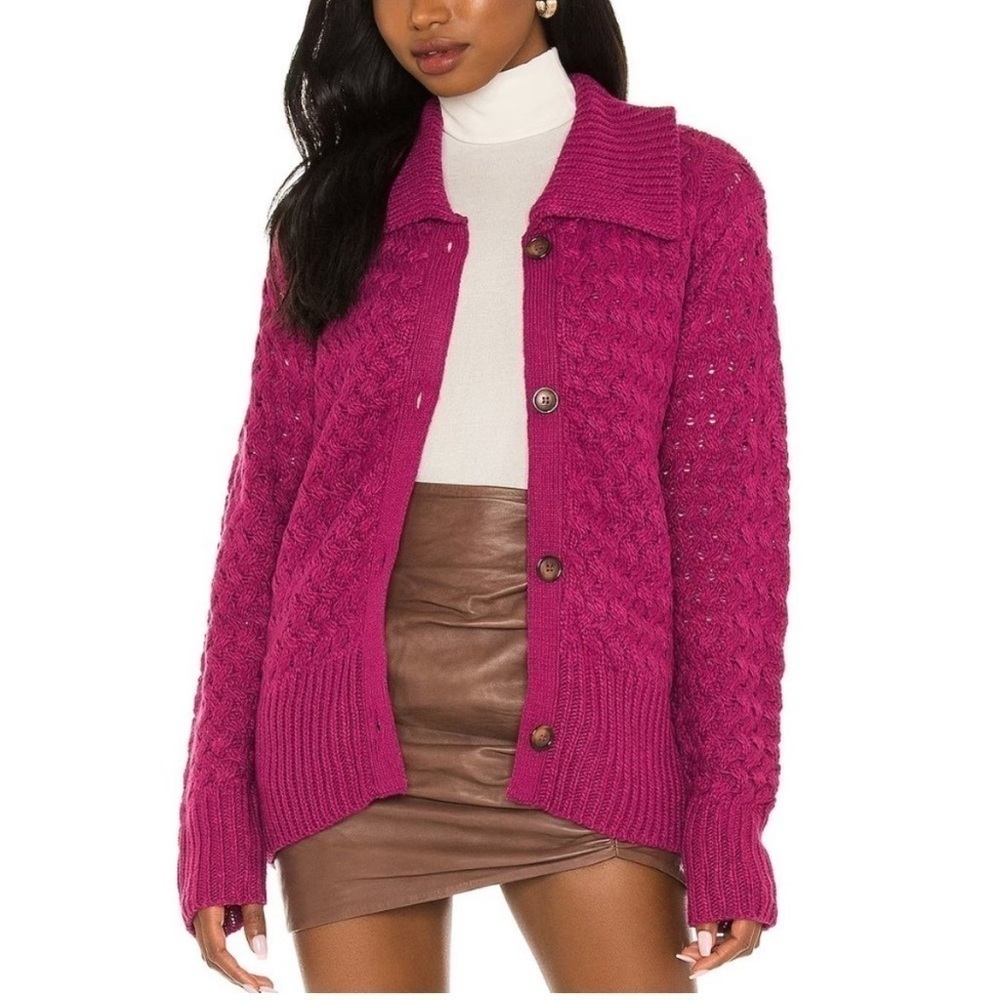 Nwt For Love And Lemons Florence Cable Knit Oversized Cardigan Pink Fuchsia
